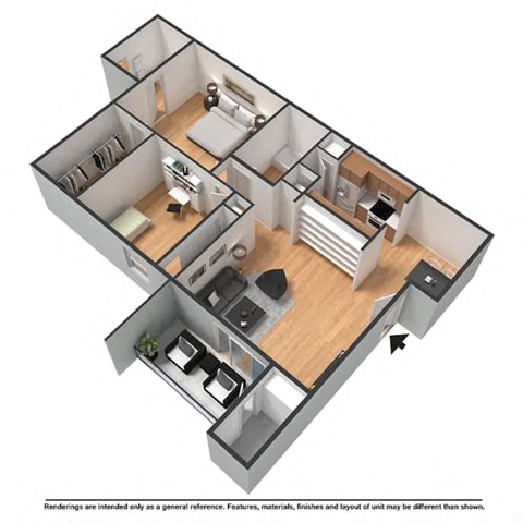 Floor plan for 2 beds, 2 baths, 1050 sqft